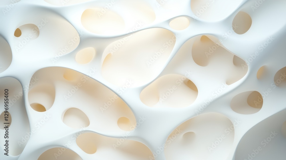 Poster an intricate abstract white structure features soft curves and varying voids, creating a captivating