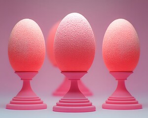 Three pink eggs displayed on elegant pedestals with soft textures