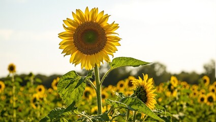 Vibrant sunflower branch reaching for the sun in a lush field symbolizing growth and positivity