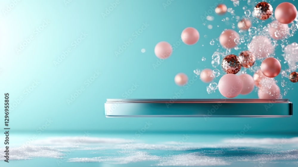 Poster a dynamic arrangement of bubbles and floating shapes captured on a smooth surface, forming an abstra
