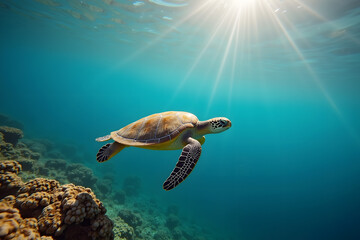 Obraz premium A sea turtle glides effortlessly through the crystal clear Caribbean waters surrounded by vibrant coral reefs and illuminated by sun rays