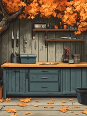 Scissor box and dried flowers on wooden workbench