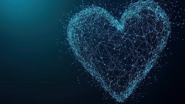 Abstract Glowing Blue Particle Heart on Dark Teal Backgrounds description example image of hearts