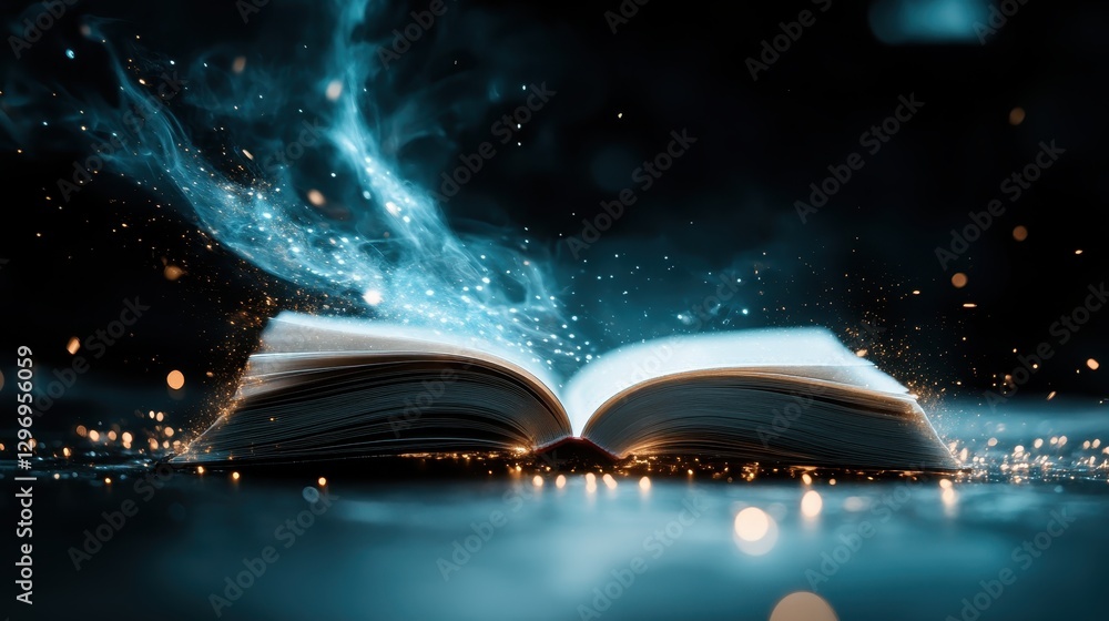 Poster an open book illuminated by dazzling lights and swirling mist captures the essence of imagination an