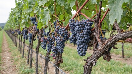 Lush grapevine laden with ripe purple grapes against a scenic vineyard background