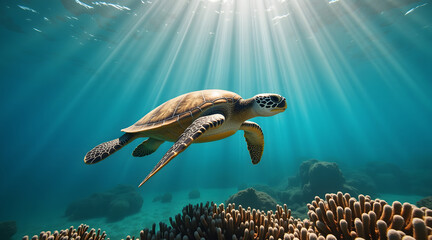 Obraz premium A sea turtle glides effortlessly through the crystal-clear Caribbean waters, illuminated by sun rays filtering through the surface, surrounded by vibrant coral reefs
