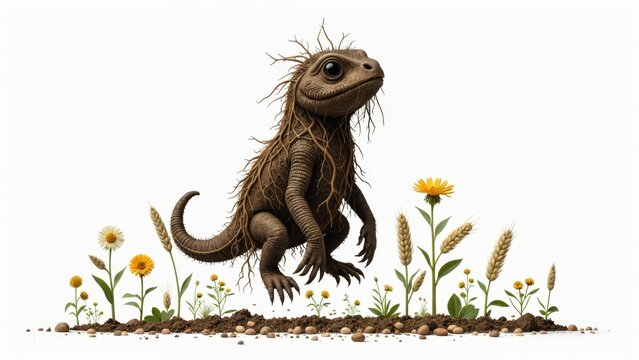 A whimsical 3D-rendered image of a cute lizard-like creature covered in roots, standing amidst wildflowers and wheat on a patch of soil against a white background.