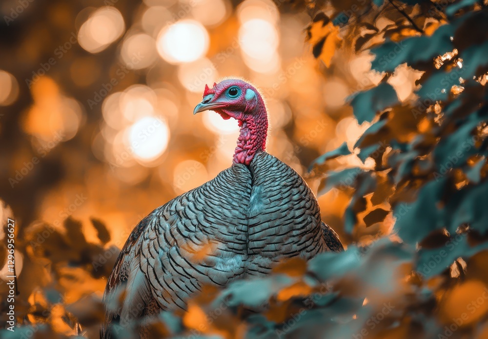 Poster Striking Wild Turkey Displaying Feathers Amidst Autumn Foliage with Soft Bokeh Background and Vibrant Color Palette