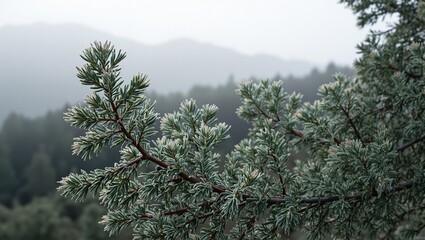 A fresh pine branch covered in vibrant green needles contrasting against a misty mountain forest on a frosty morning