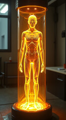 A human figure forming slowly from molten gold inside a transparent chamber with soft lighting and a laboratory setting