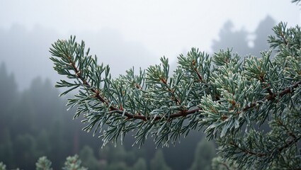 A fresh pine branch covered in vibrant green needles contrasting against a misty mountain forest on a frosty morning