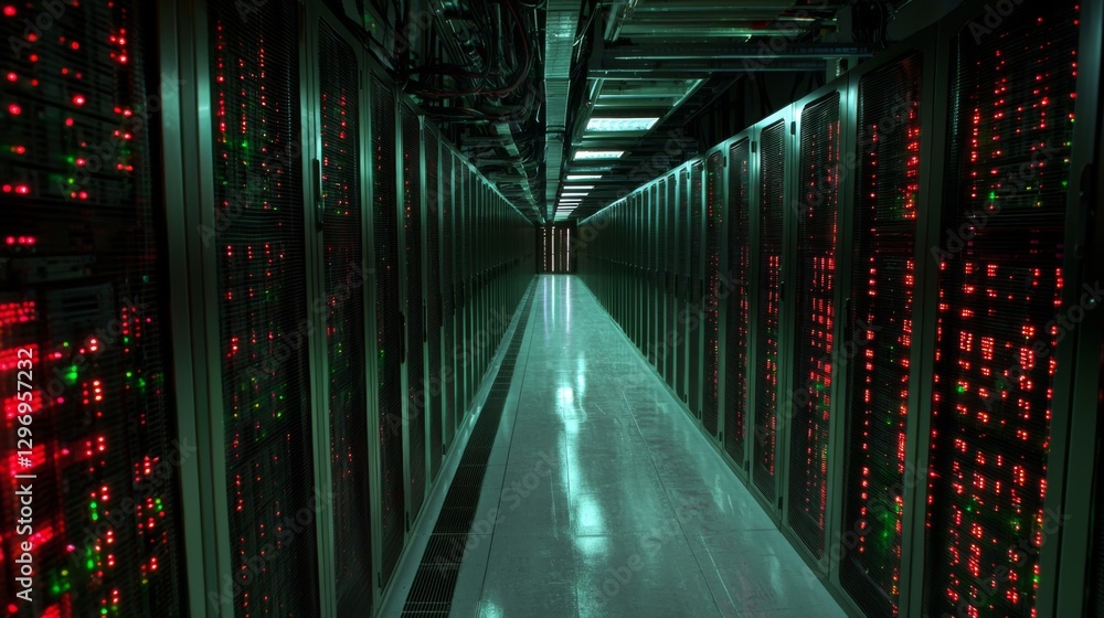 Aufkleber high-tech data center interior with illuminated servers and dark aisle highlighting computer technol