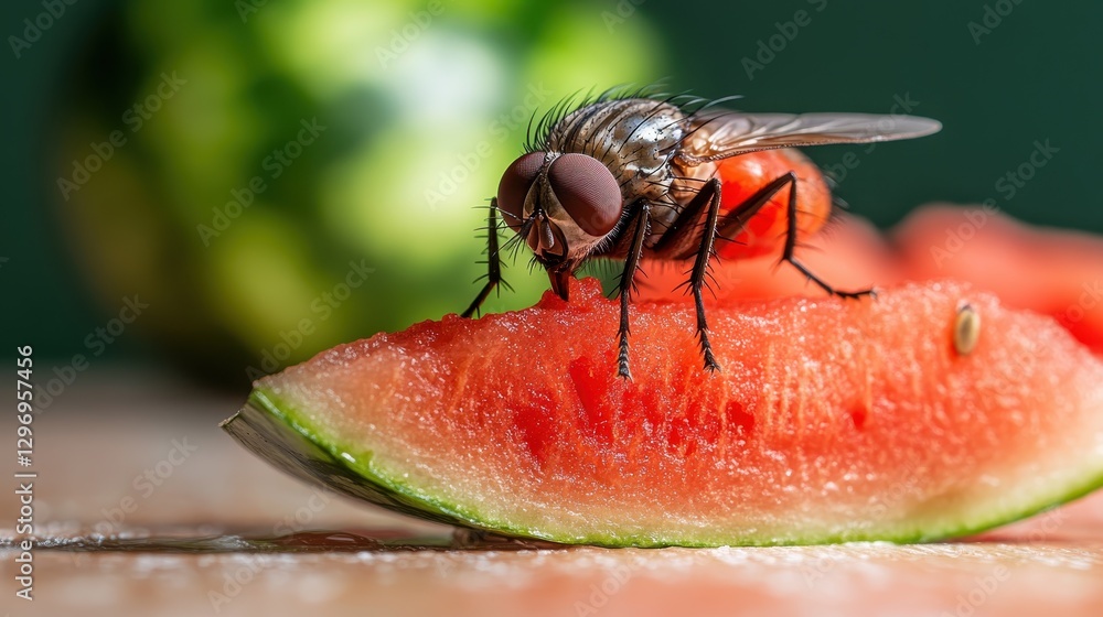 Poster this macro photograph captures the intricate details of a fly resting on a moist slice of watermelon