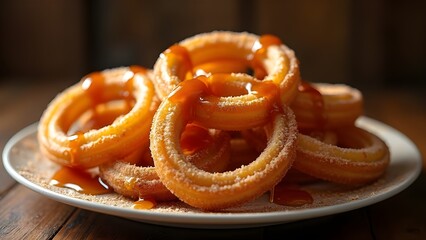 Crispy cinnamon sugar churros drizzled with caramel, sweet Spanish treat