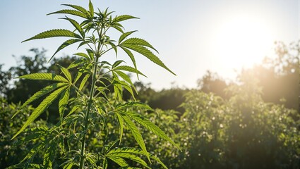 Fototapeta premium Vibrant cannabis plant basking in sunlight surrounded by a lush garden Ideal for wellness nature or herbal concepts