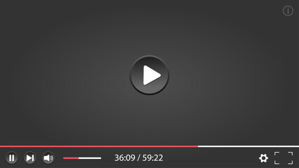 Classic simple media player in dark theme. Format 16:9 design template for web and mobile apps flat style. Mockup. Vector illustration