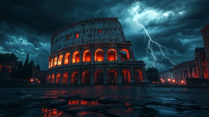Roman coliseum at night with storm and lightning striking