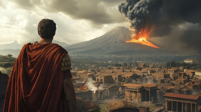 man watching the pompeii volcano exploding