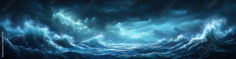 Poster a stormy ocean scene with crashing waves and a large area for text