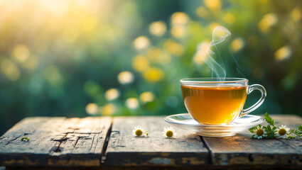 Cup of tea with Chamomile leaves around it on a vintage rustic table. Close-up view of Chamomile tea on a blurry garden background with morning sunlight. AI-Generated