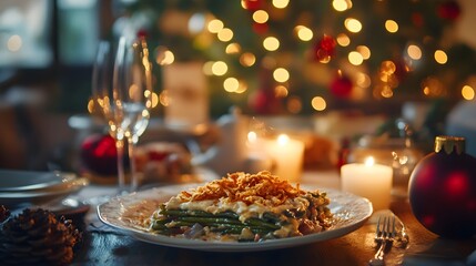 A Festive Green Bean Casserole Layered with Luscious Cream Sauce and Crowned with Fried Onions for Holiday Feasts