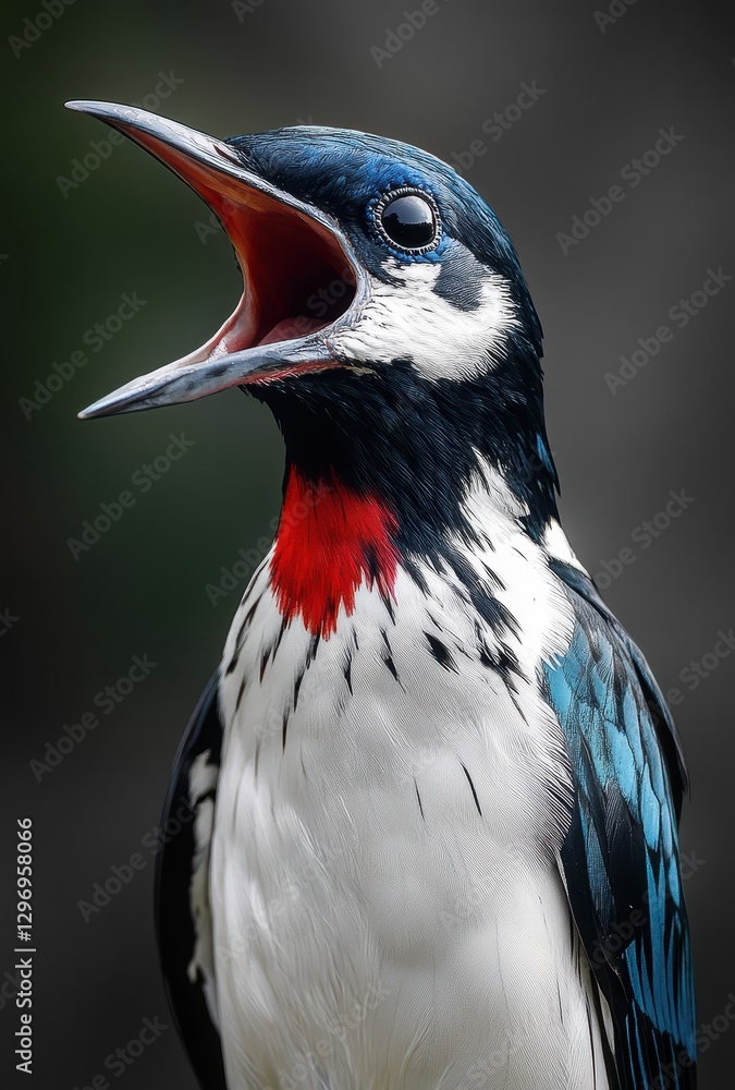 Poster Stunning Close-up of a Colorful Bird with Vibrant Blue and Red Feathers Displaying Its Open Beak in a Natural Setting Against a Soft Background