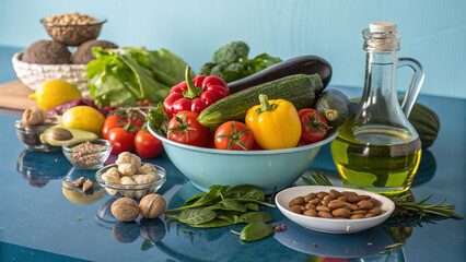 Mediterranean Diet: Vegetables, fruits, nuts, legumes, whole grain products, olive oil, fish, seafood, white meat. Perfect for fitness websites and blogs.