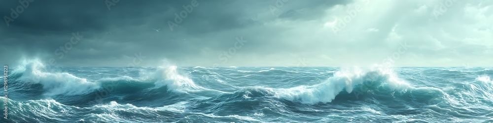 Poster a stormy ocean scene with crashing waves and a large area for text