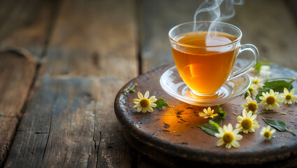 Cup of tea with Chamomile leaves around it on a vintage rustic table. Close-up of Chamomile tea on an antique wooden table. AI-Generated