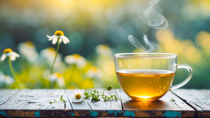 Cup of tea with Chamomile leaves around it on a vintage rustic table. Close-up view of Chamomile tea on a blurry garden background with morning sunlight. AI-Generated