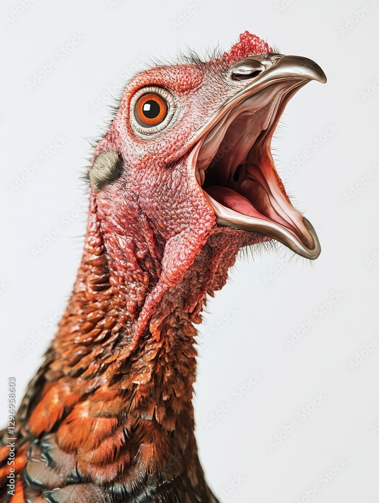 Poster stunning close-up of a vibrant turkey head with open beak displaying unique textures and features ag