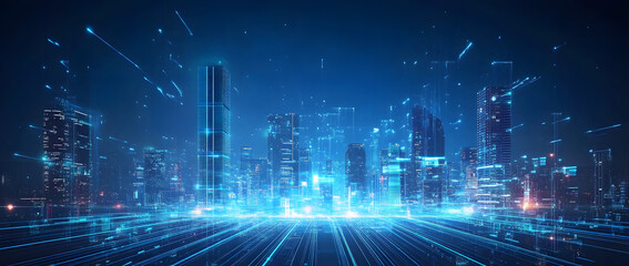 Futuristic city skyline with glowing digital lines in a blue background.