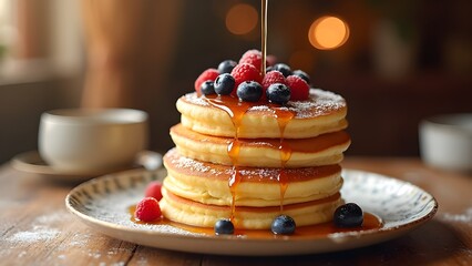 Fluffy Japanese soufflé pancakes with maple syrup and fresh berries.