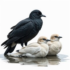 Fototapeta premium A black bird and two white chicks by water. Studio shot against a white background.