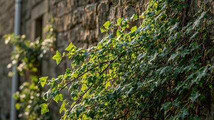 Obraz premium Lush green ivy entwined on weathered stone wall delicate leaves sparkling in morning dew Nature and history blend in perfect harmony