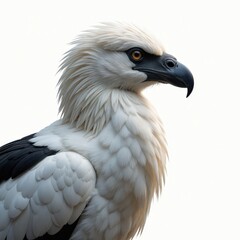 Close-up profile portrait of a white and black eagle against a white background.