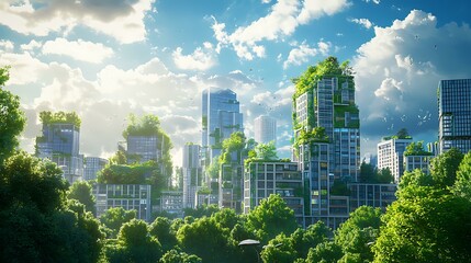 Obraz premium Future of green business, smart city with sustainable infrastructure, clean energy, and eco-technology, illustration