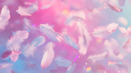 Gentle dance white feathers against a pink cosmos ethereal soft dreamy