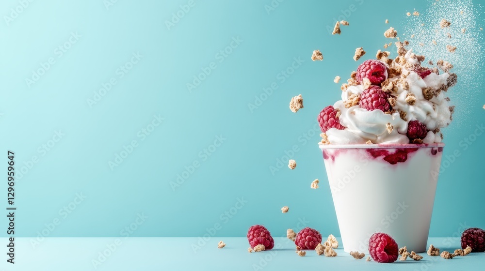 Poster dynamic presentation of raspberry ice cream topped with crunchy ingredients and fresh raspberries se