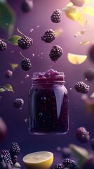 Ripe blackberries tumbling with lemon wedges, splashing into glass jar against violet backdrop