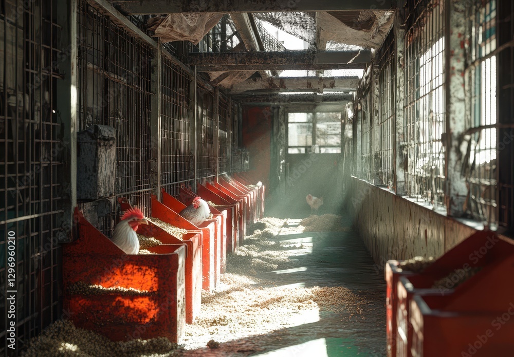 Poster sunlight filtering through a chicken coop with nesting boxes and fresh bedding in a peaceful farm en