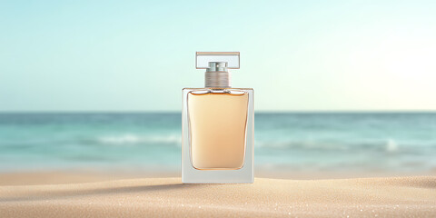 Luxury fragrance by the sea. Glass bottle with golden liquid rests on sandy beach against turquoise water. Clean & fresh scent reminiscent of summer.