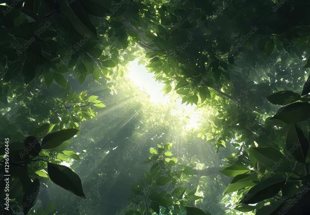 Poster sunlight filtering through lush green foliage in dense forest creating a serene and tranquil natural