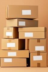 Stacked cardboard boxes with white labels on tan background, for shipping or moving