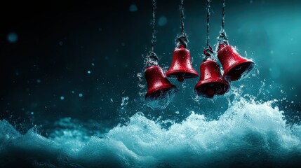 An artistic composition featuring red bells suspended above churning waves, creating a dramatic contrast between the vibrant colors and the fluid motion of water.