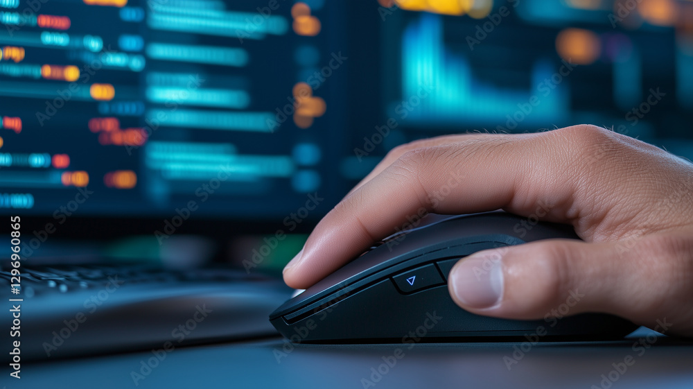 Aufkleber close up of hand using computer mouse, with blurred background of data on screen, conveying sense of