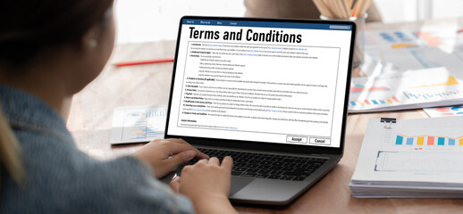 Digital legal contract provide terms and conditions document on computer screen ready for online...