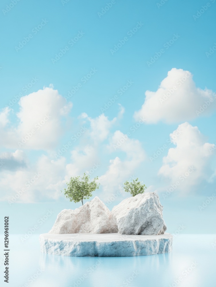 Poster floating platform with rocks and trees, set against a cloudy sky and serene water surface