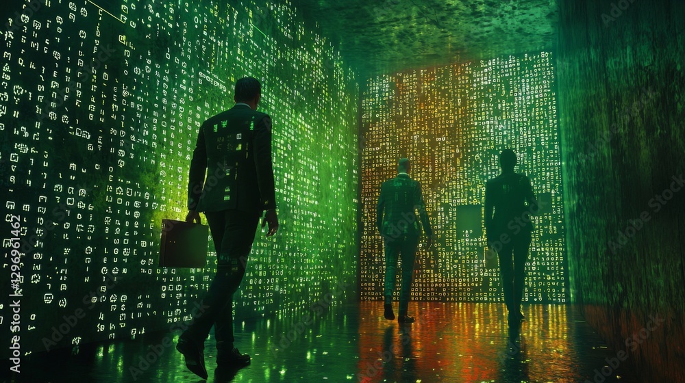 Poster business professionals walking through digital matrix environment with glowing codes and reflections