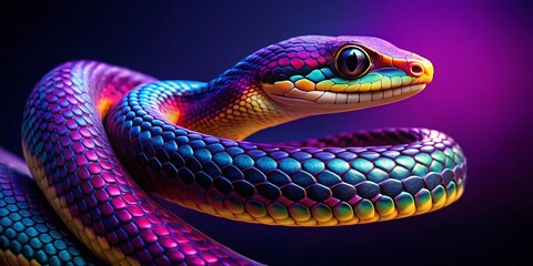 Obraz premium Vivid Neon Gradient Snake, Colorful Reptile, Dark Purple Background, Reptile Pattern, Stock Photo